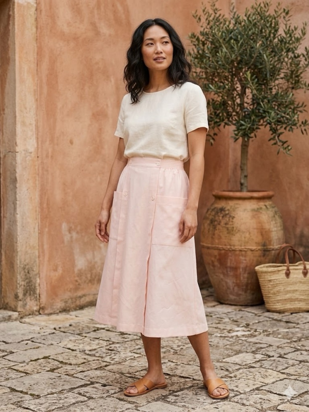 ✨Vintage✨ Pale Pink Midi Skirt with Front Pockets Women size 14
